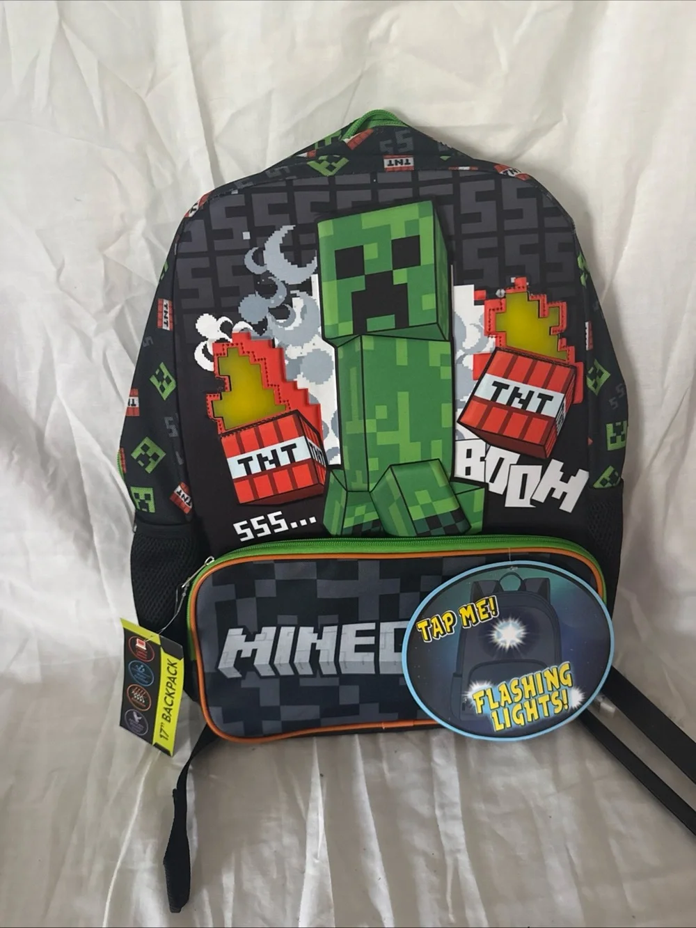 Minecraft Kids Creeper Black & Green Backpack with Flashing Lights
